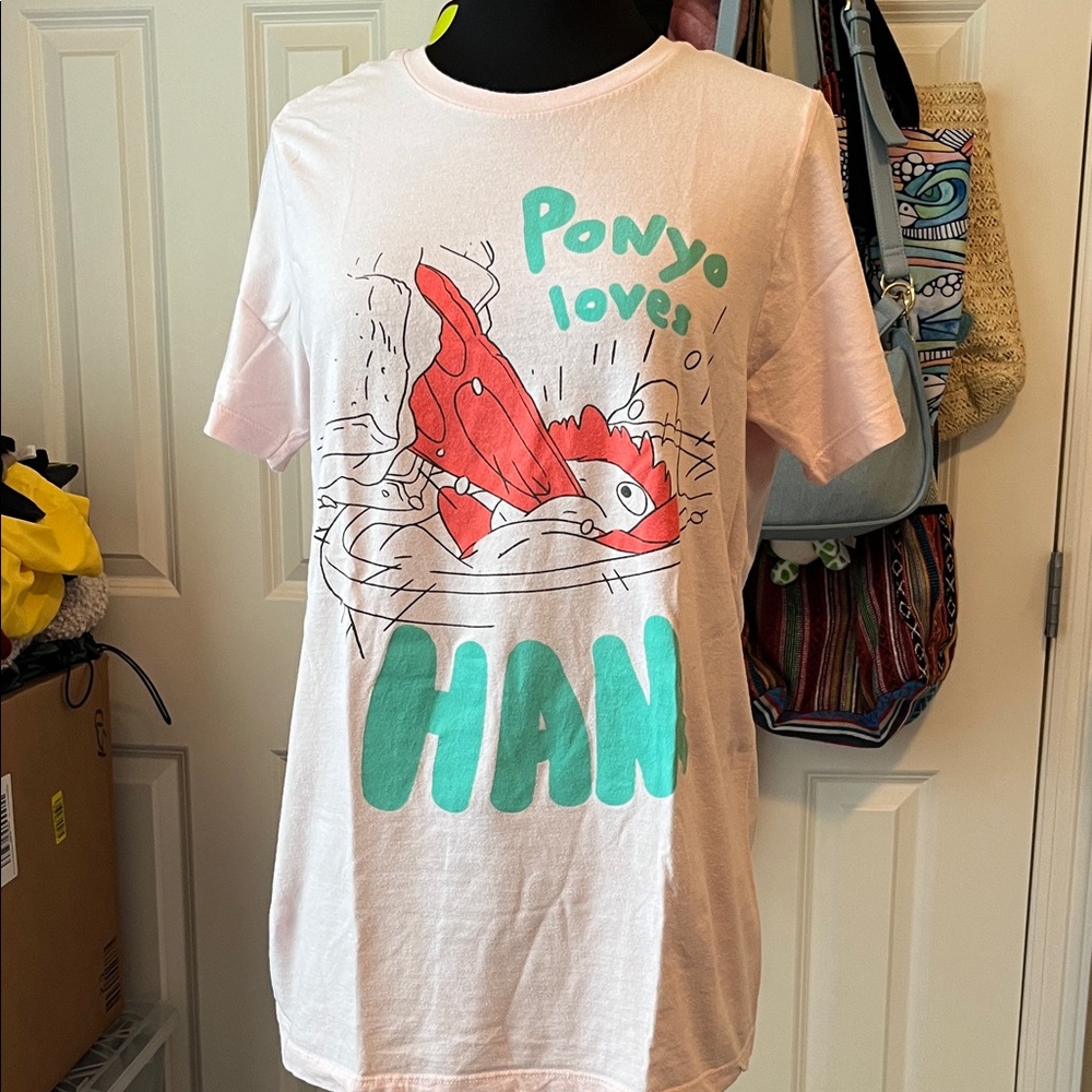 Hot Topic Pink Ponyo Loves Graphic Tee with Red and Teal Print